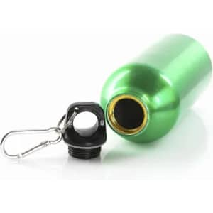 A green drink bottle with a screw top and a carabiner clip. It has a shiny metallic finish.