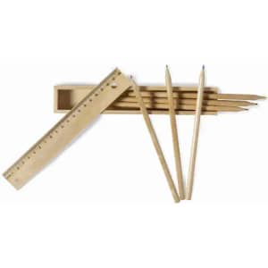 A wooden pencil set with a ruler and four pencils in natural wood colour, arranged on a white background.