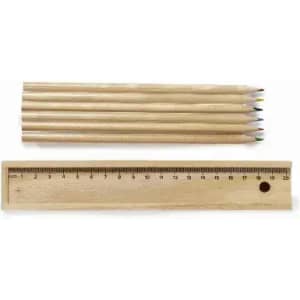 A set of five wooden pencils with coloured tips and a wooden ruler with measurement markings.