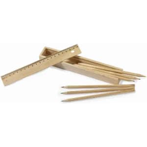 A wooden pencil case containing several pencils and a wooden ruler, all in natural wood tones.