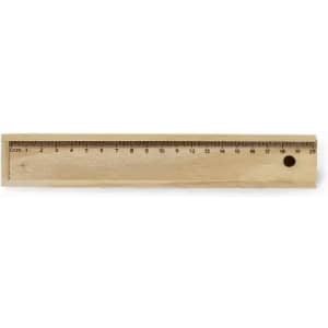 A wooden ruler with metric measurements, featuring a smooth finish and a hole at one end for easy hanging.