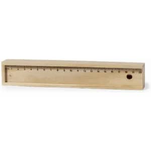 A wooden ruler with measurement markings up to 20 cm, featuring a hole at one end.
