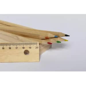A set of wooden pencils with red, blue, green, and yellow tips alongside a wooden ruler.