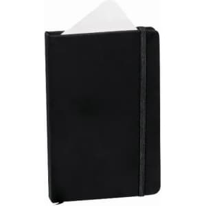A black notebook with a bookmark and an elastic band closure. It features a simple design with a smooth finish.