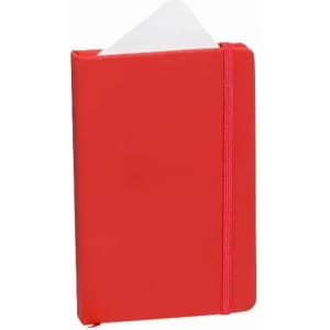 A red notebook with a white page visible at the top and a pink elastic band. It features a simple design.