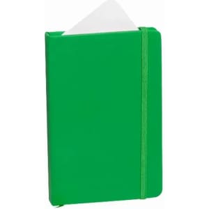 A green notebook with a rubber band closure and a pocket for loose papers positioned at the top.