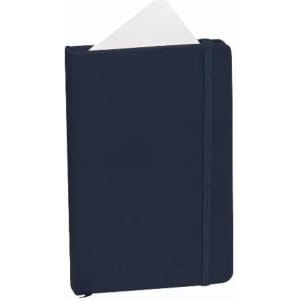 A navy blue notebook with a textured cover and an inner pocket. It features a matching elastic band.