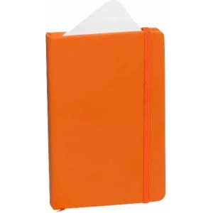 An orange notebook with a white paper inside and an elastic band closure. It features a smooth finish.