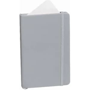 A grey notebook with an elastic band closure, featuring a white interior page peeking out.