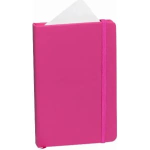 A pink notebook with a matching elastic band, featuring a pocket for loose papers.