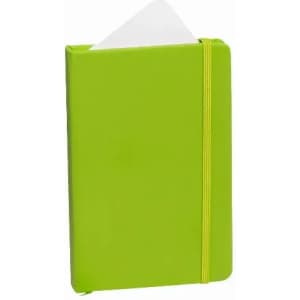 A green notebook with an elastic band closure and a white sheet partially visible inside.