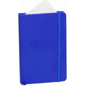 A blue notebook with an elastic band closure and a white sheet of paper peeking out from the top.