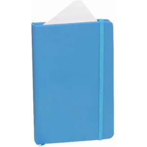 A blue notebook with an elastic band and a white sheet of paper peeking out from the top.