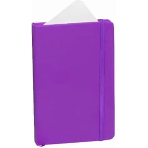 A purple notebook with a white inner cover and an elastic band closure. It features a logo on the front.