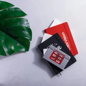 A collection of notebooks in black, red, and grey, alongside a green plant leaf on a light surface.