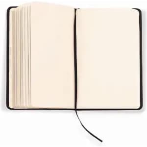 A blank notebook with cream pages and a black cover, featuring a ribbon bookmark.