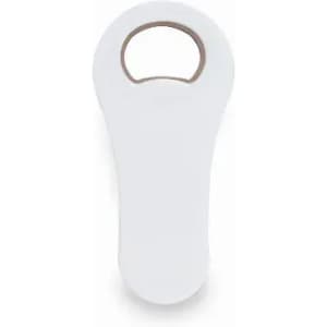 A bottle opener in white with a smooth, ergonomic design and a circular pull tab.