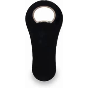 A black bottle opener with a circular cutout at the top. It has a smooth, curved design and features a logo.