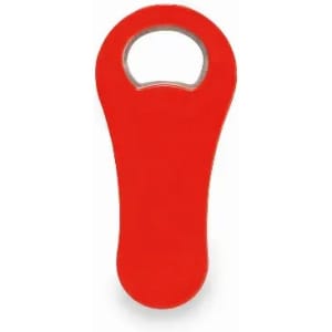 A red bottle opener with a circular hole at the top, featuring a smooth, rounded design.