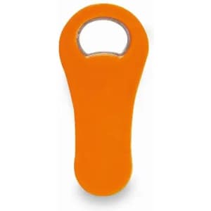 An orange bottle opener with a circular cut-out at the top, featuring a smooth grip design.