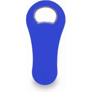 A blue bottle opener featuring a rounded handle and a circular opening at the top. It has a simple design and includes a logo.