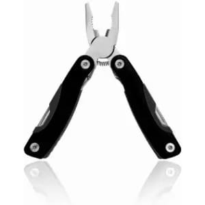 A multi-tool featuring pliers and black rubberised handles, with a shiny metal finish. It has a logo on the handle.