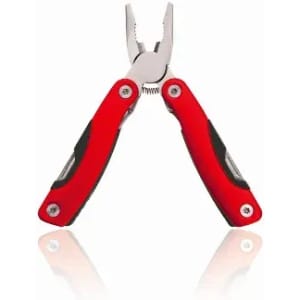 A multi-tool with red handles and stainless steel pliers, featuring various tool functions and a logo.