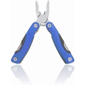 A multi-tool with blue rubber handles and a silver metal body, featuring pliers and various tools.
