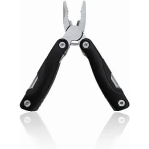 A multi-tool with pliers and black rubberised handles, featuring shiny metal components and a reflective base.