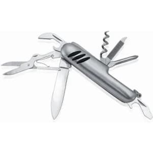 A silver multi-tool featuring scissors, a knife, a corkscrew, and various other tools. It has a sleek design with some grip.