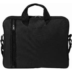 A black carrying bag with top handles and a zippered compartment on the front.