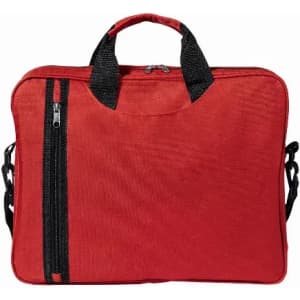 A red bag with black zippers and straps, featuring a sturdy handle on top for easy carrying.
