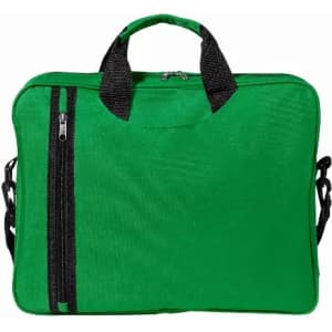 A green promotional bag with black accents and handles, featuring a front zip pocket.