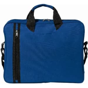 A blue bag with black handles and zippers, featuring a slim profile and carrying straps.