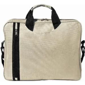 A beige carry bag featuring black handles and zippers, suitable for travel or work use.