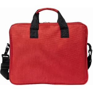 A red tote bag with black handles and an adjustable strap, featuring a zipper closure.