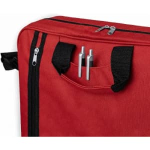 A red bag with black accents, featuring two pens in an exterior pocket and zippers for closure.
