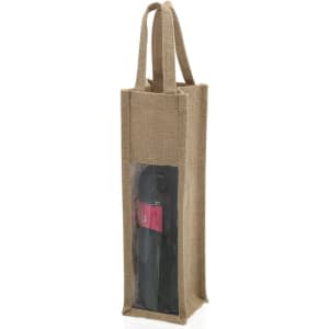 A drink bottle in a jute bag with clear front, featuring a sturdy handle. The bottle is black with a logo.