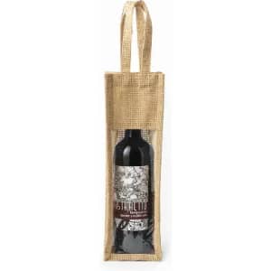 A drink bottle in a transparent jute bag, featuring dark red and black designs with a logo.