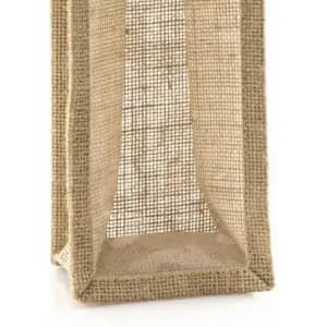 A product featuring a natural jute bag with an open weave design, showcasing its textured beige colour.
