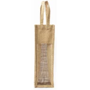 A jute wine bag in a natural beige colour with a checked lining and two handles for carrying.