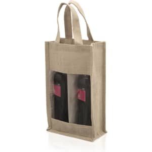 A drink bottle bag in natural linen with a transparent front, designed to hold two bottles securely.