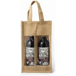 A drink bottle carrier made of jute, featuring two bottles with decorative labels and a logo.