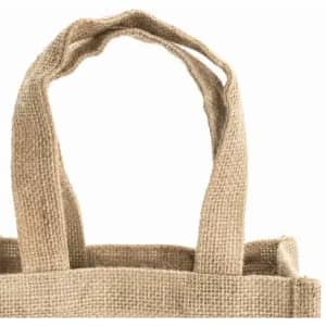 A jute tote bag with textured stitching and sturdy beige handles. The bag is unstructured with an open top.