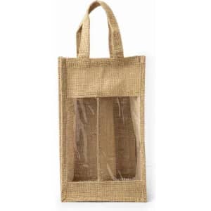 A jute tote bag with clear front panels and two compartments, featuring sturdy handles.