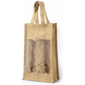 A reusable jute bag in a natural brown colour with transparent panels and two handles for carrying.