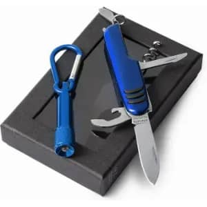A blue multi-tool knife with various functions and a blue carabiner, presented in a black box.