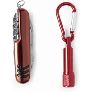 A multi-tool in red with various tools and a red carabiner attached.