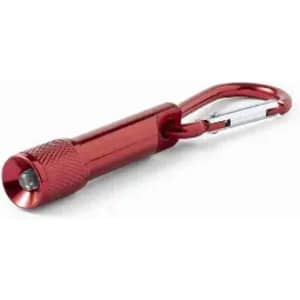 A red aluminium carabiner flashlight with a textured grip and a sturdy attachment clip.