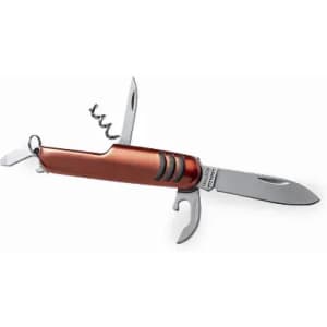 A multi-tool knife with a copper handle, featuring a knife blade, corkscrew, and bottle opener.